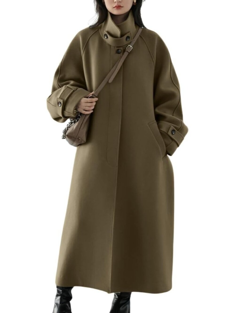 Women Dark Khaki Long Sleeve Women's Single Breasted Raglan Sleeve Trench Coat